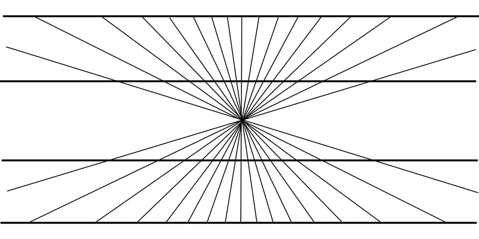 An optical illusion in black on white: four straight horizontal lines crossed by many lines radiating from one point at the center