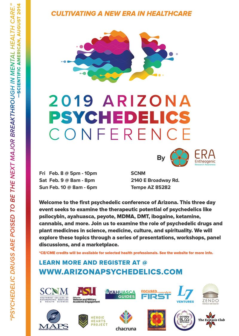 Flier for the 2019 Arizona Psychedelics Conference, February 8 to 10 at SCNM in Tempe, Arizona