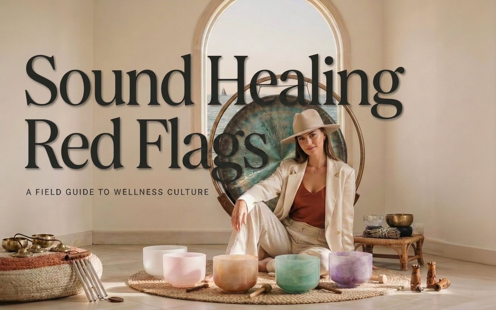 Sound Healing Red Flags, a field guide to wellness culture. A styled cover image: a woman in a wide brimmed hat and cream linen suit sitting in front of a large gong in an arched window, with five pastel crystal singing bowls arranged on a round rug in front of her