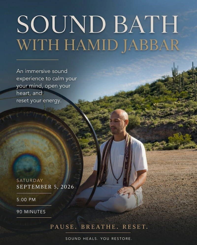 Flier for the SpatialReset Soundbath at Namaste Yoga, Saturday September 5, 5:00pm, 90 minutes