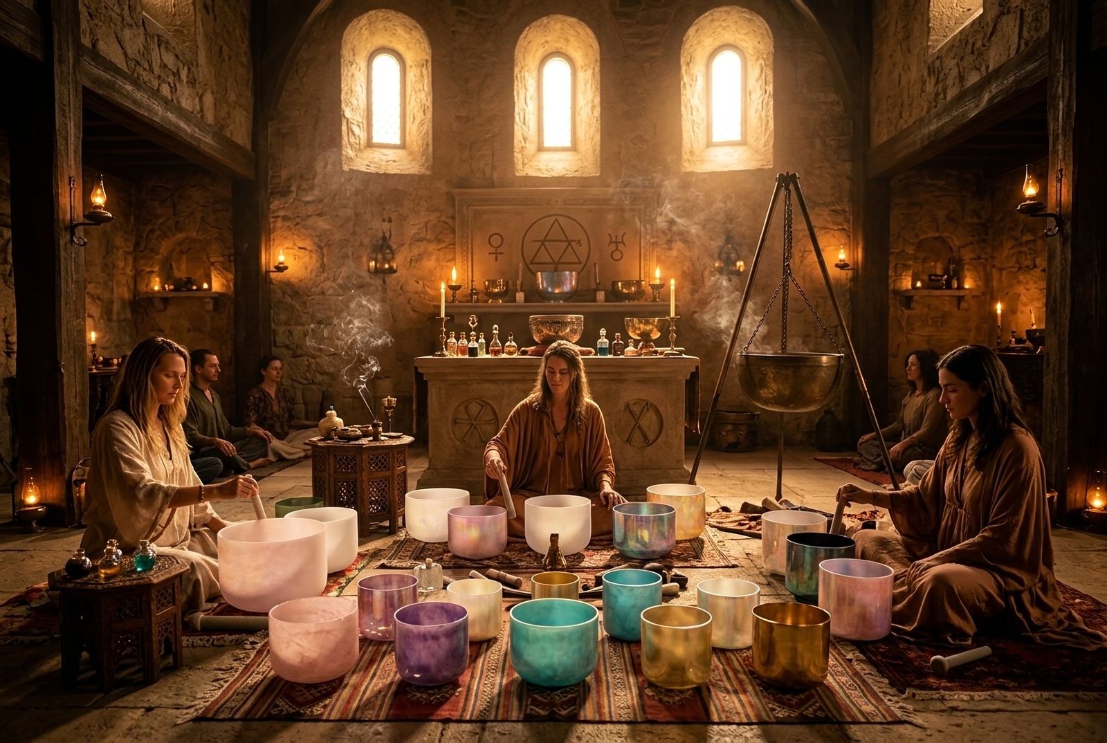 An illustration of a heavily staged sound session: robed figures seated on rugs in a candlelit stone temple, alchemical symbols carved above an altar, a cauldron hanging from a tripod, and rows of pastel crystal singing bowls laid out in front of them